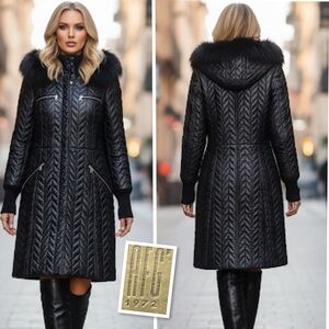 AFG 1972 Italian Quilted Leather Hooded Coat Genuine Fox Fur Trim Sz 38 (US 4-6)